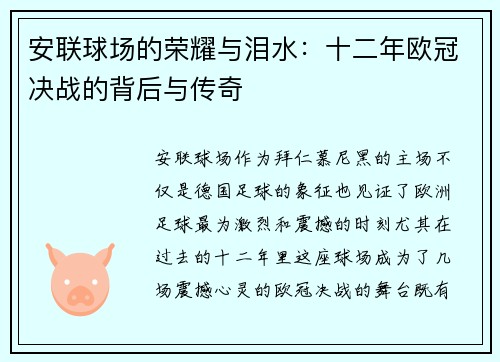 安联球场的荣耀与泪水：十二年欧冠决战的背后与传奇