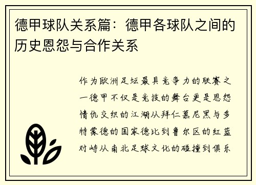 德甲球队关系篇：德甲各球队之间的历史恩怨与合作关系