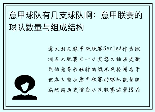 意甲球队有几支球队啊：意甲联赛的球队数量与组成结构