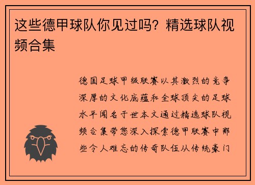 这些德甲球队你见过吗？精选球队视频合集